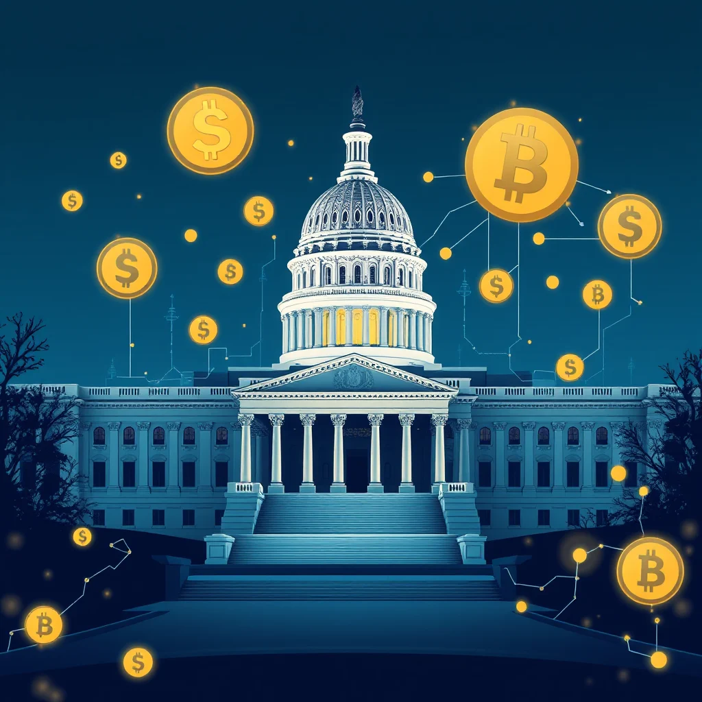 Illustration des Kapitols in Washington D.C. mit stilisierten Bitcoin- und Dollar-Symbolen, die durch Linien verbunden sind, was die Verbindung von Kryptowährung und Regierung symbolisiert.