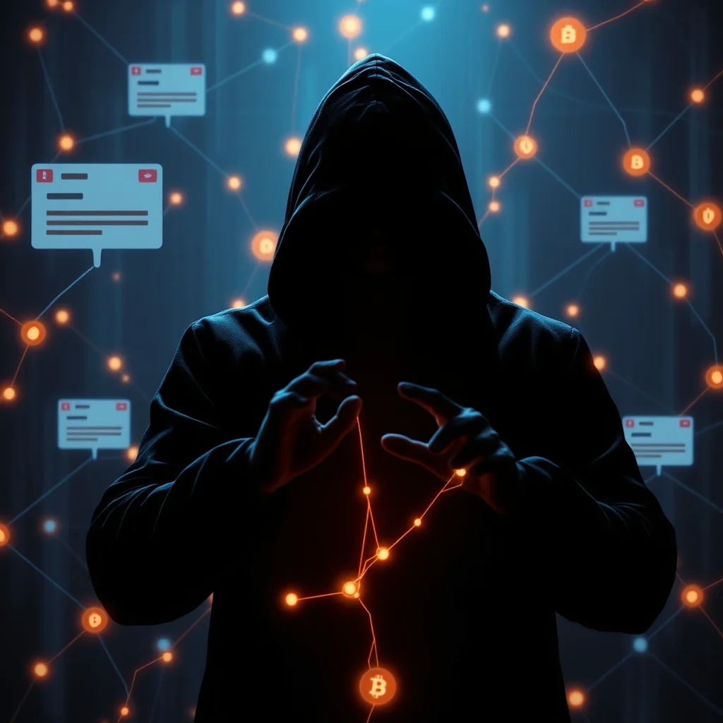 Eine Person in einem dunklen Kapuzenpullover manipuliert eine leuchtend orangefarbene Leitung mit Bitcoin-Symbolen, umgeben von einem Netzwerk aus leuchtenden Punkten und Chatblasen.