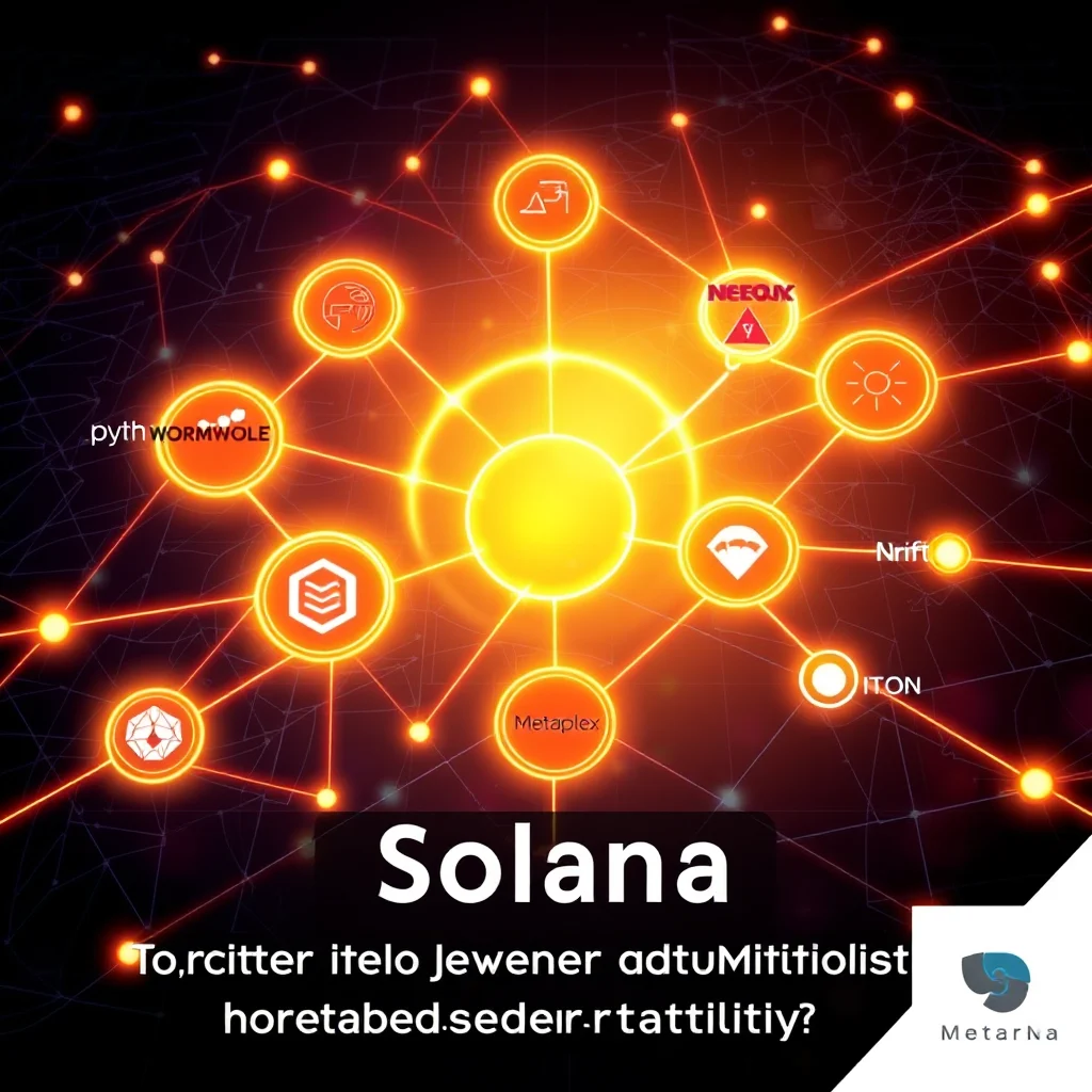 Ein Diagramm, das das Solana-Ökosystem zeigt, mit Logos verschiedener Projekte, die über Linien mit einer zentralen Sonne verbunden sind, alles in warmen, leuchtenden Farben auf einem dunklen Hintergrund.