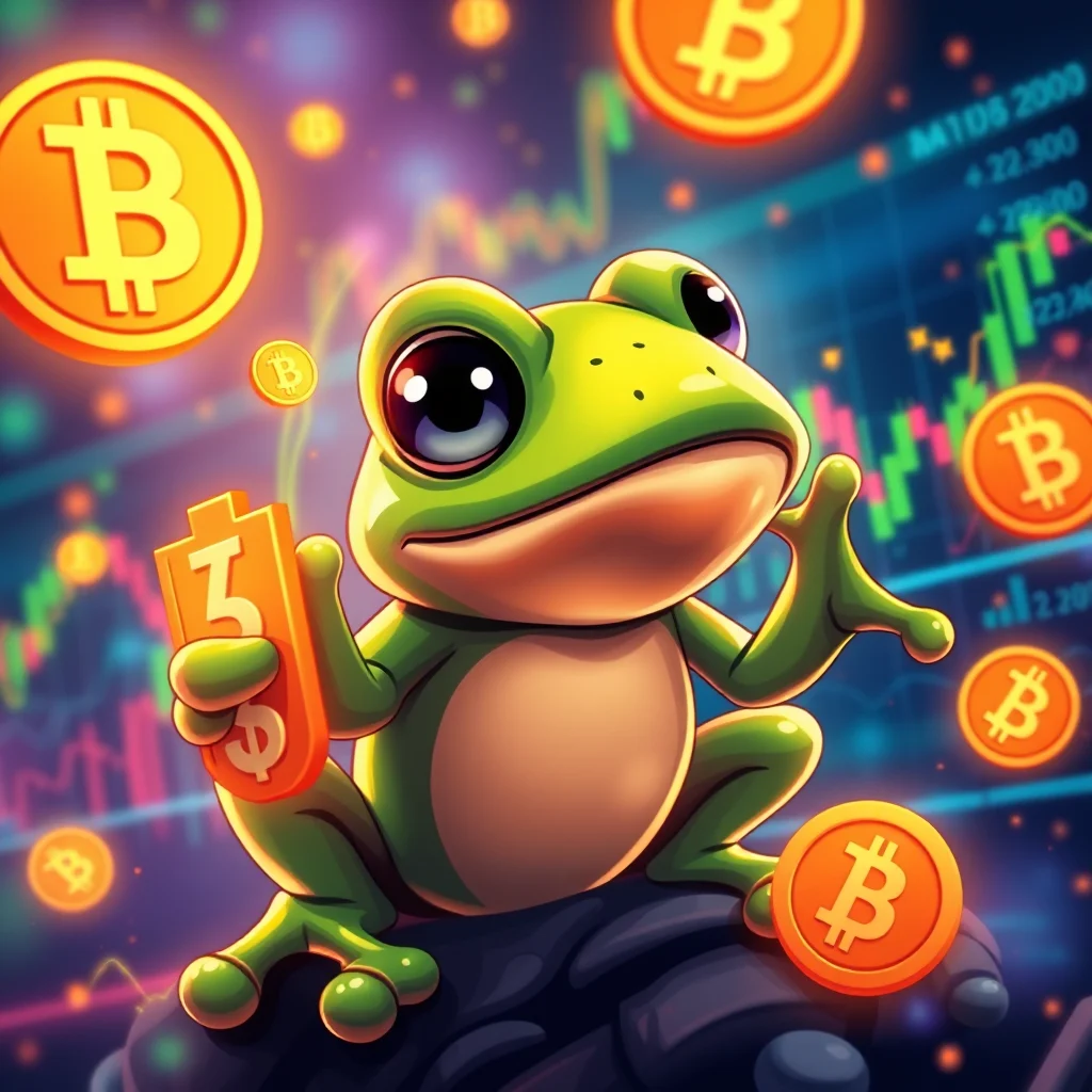Ein Cartoon-Frosch hält ein Bitcoin-Symbol in der einen Hand und sitzt auf einem Stein, umgeben von Bitcoin-Symbolen und einem unscharfen Kryptowährungsdiagramm.