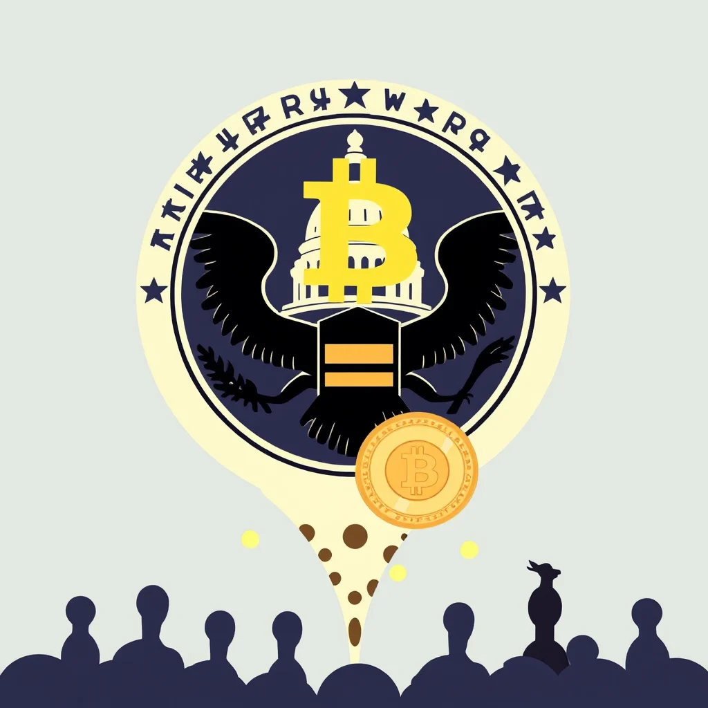Ein Bitcoin-Symbol, das über einem stilisierten amerikanischen Adler schwebt, der von einer Fahne mit den Worten "BANK OF ENGLAND" umgeben ist. Darunter sind schematische Darstellungen einer Menge von Menschen zu sehen, die auf das Symbol schauen.