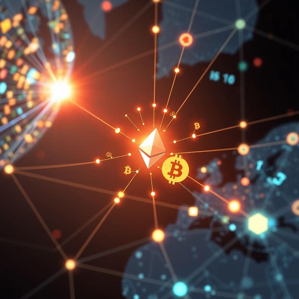 Ein hell strahlendes Ethereum-Symbol umgeben von einer digitalen Vernetzung mit Bitcoin-Symbolen und einem globalen Kartenmuster im Hintergrund.