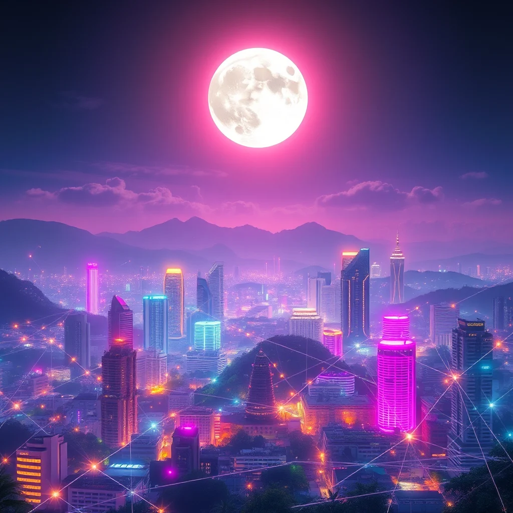 Ein beleuchteter, pulsierender neonfarbener Wolkenkratzer, der sich über eine Stadt erstreckt, unter einem rosa Mond und einem sternenklaren Himmel