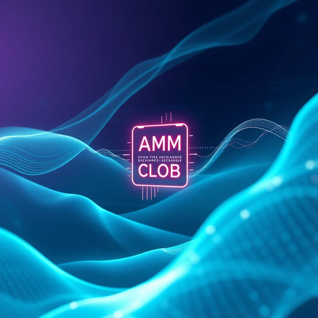 Ein neonroter quadratischer Chip mit den Aufschriften "AMM" und "CLOB" in der Mitte, umgeben von blauen Wellenlinien und digitalem Code, der eine futuristische und technologische Atmosphäre erzeugt.