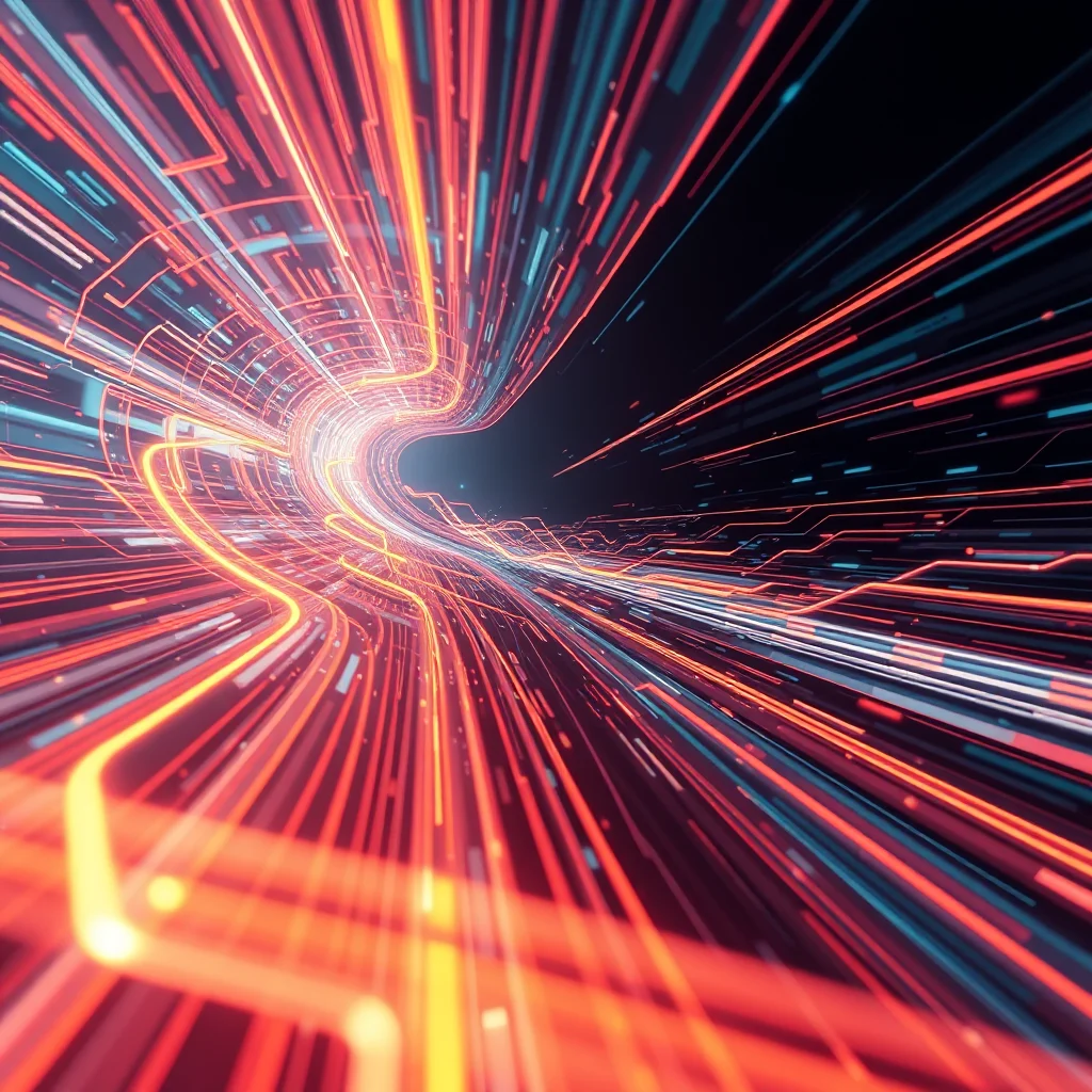 Ein abstraktes Bild, das ein leuchtendes, neonfarbenes Tunnelportal mit roten und blauen Linien zeigt, die sich auf den Betrachter zubewegen.