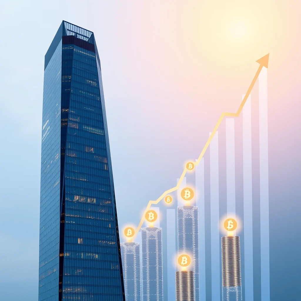 Ein Wolkenkratzer steht neben einem aufwärts gerichteten Balkendiagramm mit Bitcoin-Symbolen, das den finanziellen Aufschwung symbolisiert.
