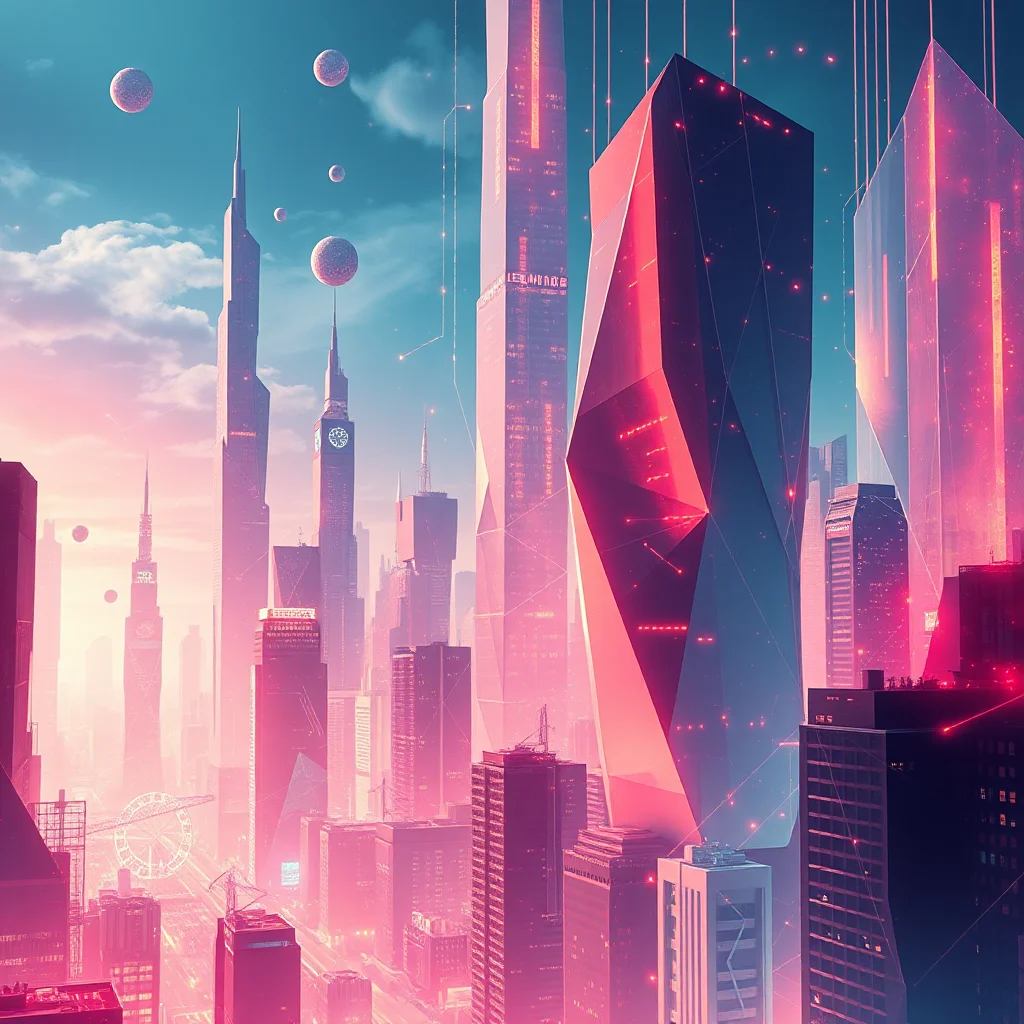 Eine futuristische Stadt mit hoch aufragenden Wolkenkratzern in Rosa- und Blautönen. In der Mitte befindet sich ein riesiger, facettierter Gebäude, das wie ein Edelstein aussieht. Über der Stadt schweben mehrere Kugeln, und das Ganze ist von einem diffusen, fast nebligen Licht durchdrungen.