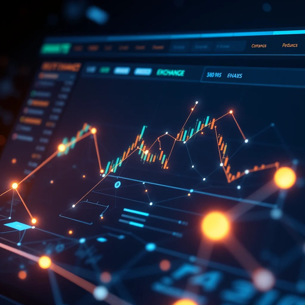 Ein technischer Chart mit Candlestick-Diagrammen und Linien, der den Finanzmarkt oder den Aktienhandel darstellt, vor einem dunklen Hintergrund mit leuchtenden, unscharfen Kreisen und Verbindungen.