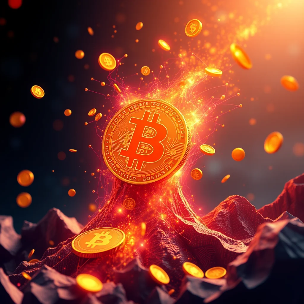 Ein Bitcoin-Symbol leuchtet hell auf einem Berg aus roten, glühenden Kristallen, umgeben von weiteren Bitcoins und glühenden Partikeln, die in die Luft aufsteigen.
