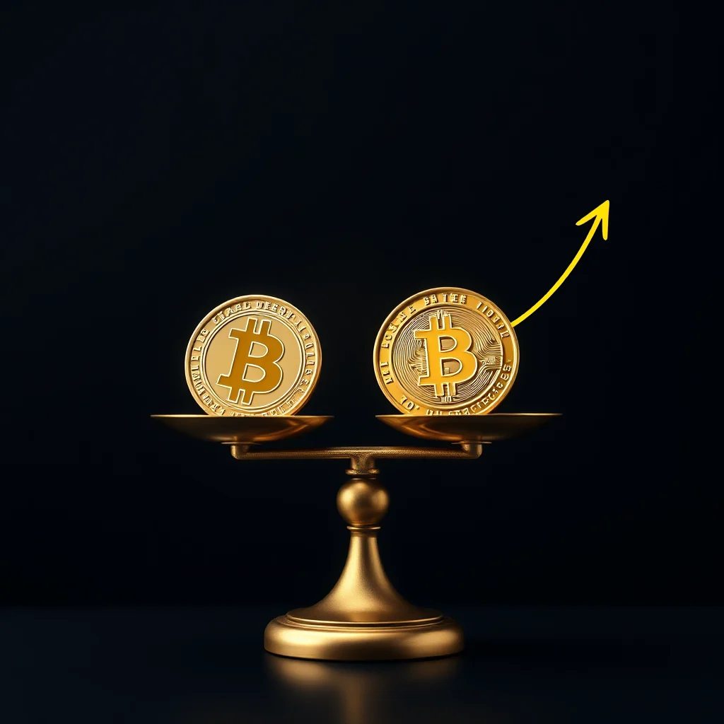 Eine goldene Waage mit zwei Bitcoin-Münzen darauf, wobei die rechte Münze von einem gelben Pfeil nach oben begleitet wird, der einen Aufwärtstrend symbolisiert.