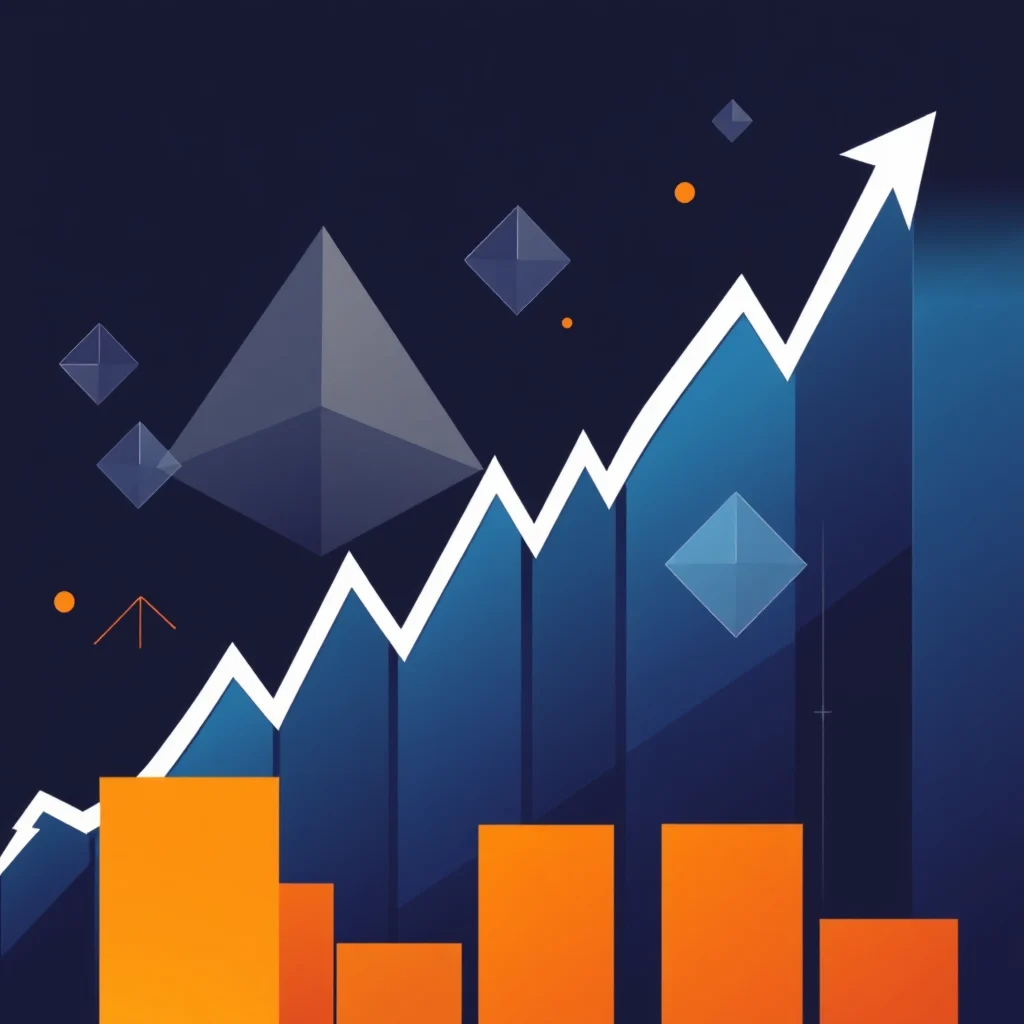 Illustration of a financial chart with an upward trend, depicted with a white line graph against blue bars and geometric shapes.