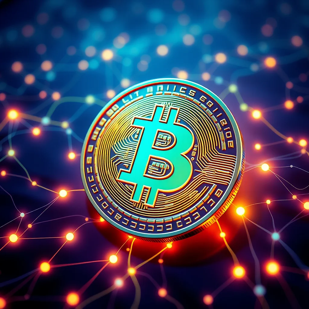 Eine goldene Bitcoin-Münze mit einem türkisfarbenen B in der Mitte liegt vor einem dunklen Hintergrund mit einem Netzwerk aus leuchtenden orangefarbenen und blauen Punkten.