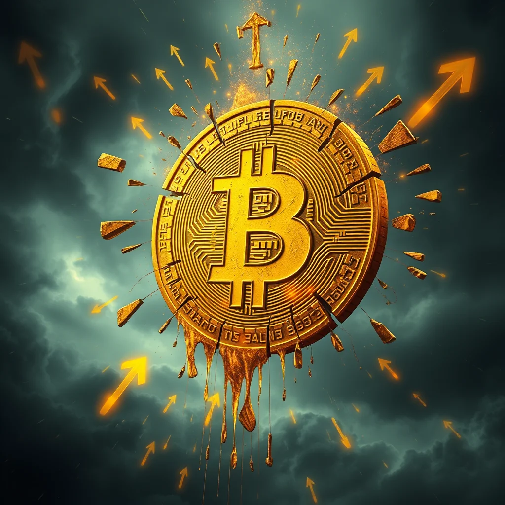 Eine goldene Bitcoin-Münze zerbricht in der Mitte, aus der geschmolzenes Gold tropft, und umgeben von einem Hintergrund aus stürmischen Wolken, mit steigenden Pfeilen, die auf Bitcoin Wachstum und Erfolg hindeuten.