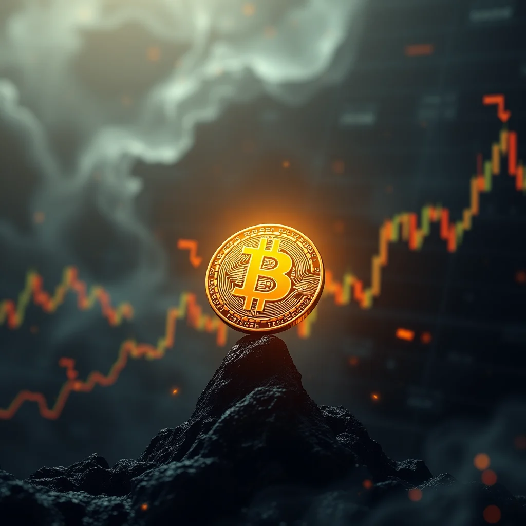 Ein goldener Bitcoin liegt auf einem felsigen Gipfel vor einem unscharfen Hintergrund mit einem steigenden Liniendiagramm.