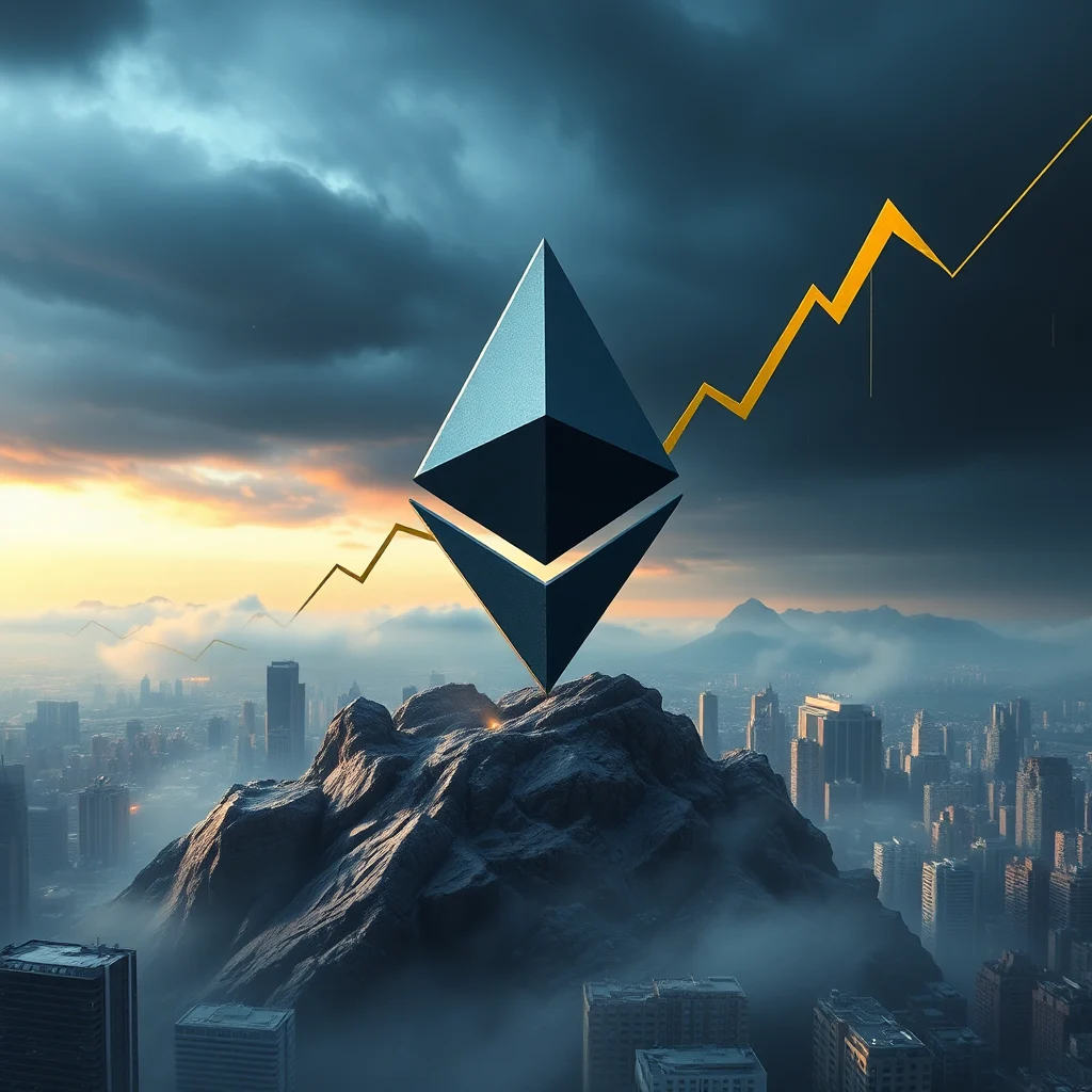 Der Ethereum-Kryptosymbol schwebt über einem felsigen Berg in einer nebligen Stadtlandschaft bei Sonnenaufgang, mit einem steigenden goldenen Diagramm im Hintergrund.