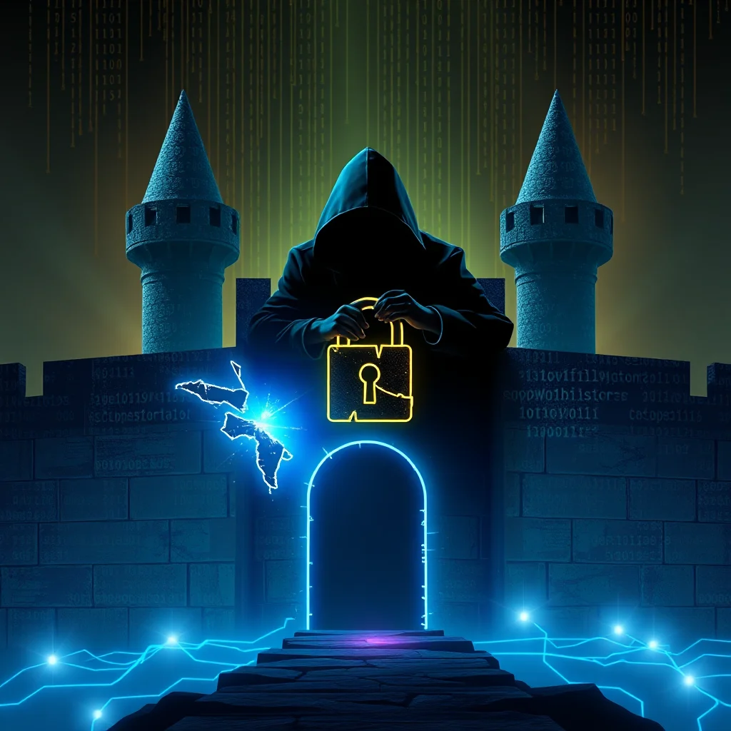 Ein Hacker in einem Kapuzenpullover vor einer Festungsmauer, der ein kaputtes, gelbes Vorhängeschloss hält. Vor ihm befindet sich ein leuchtend blauer Torbogen, flankiert von zwei Turmspitzen. Über der Szene fallen binäre Codes wie Regen herab.
