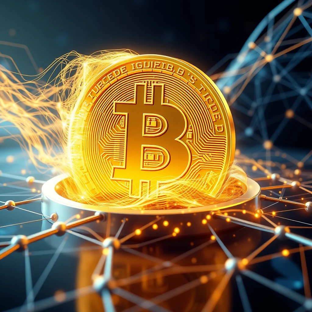 Ein goldenes Bitcoin-Symbol mit orangen Energieflammen, das auf einem metallischen Sockel sitzt, eingebettet in ein abstraktes Netzwerk aus Linien und Kugeln.