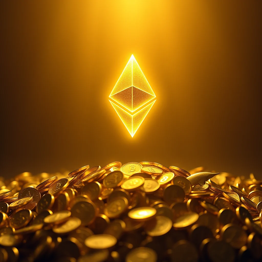 Ein leuchtendes Ethereum-Symbol schwebt über einem Haufen goldener Münzen.
