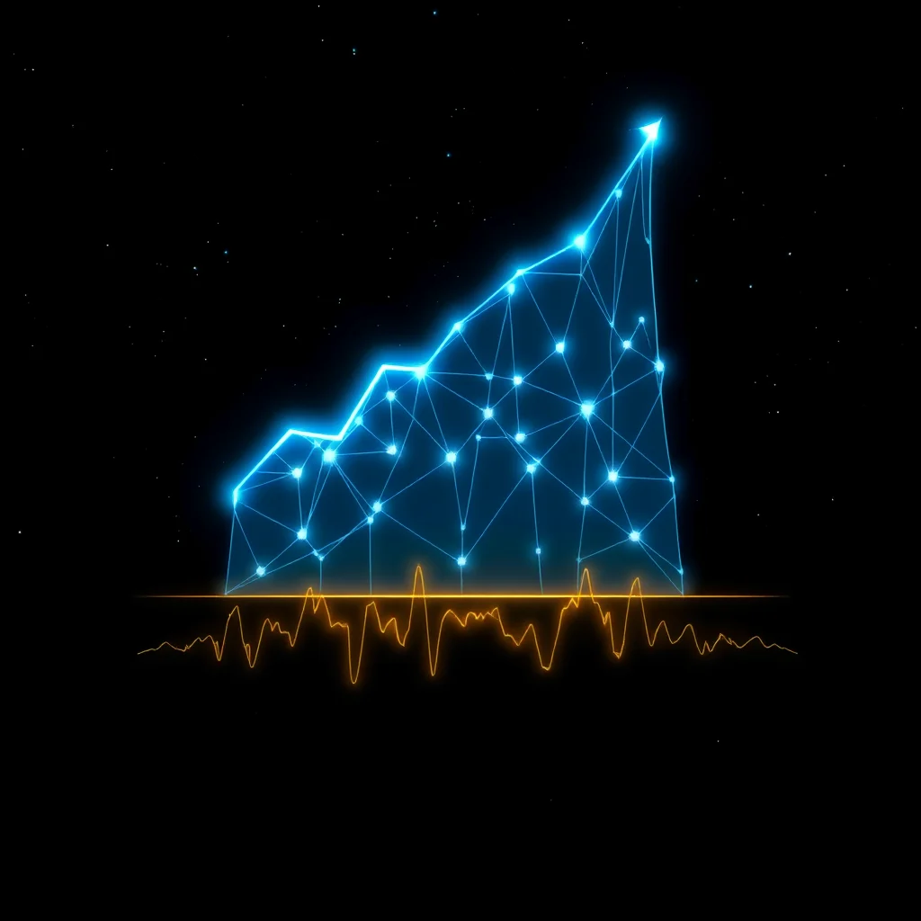 Ein leuchtender, blauer, polygonaler Aufwärtstrend-Chart mit einem aufwärts gerichteten Pfeilspitzen über einer orangenen Wellenform-Linie, vor einem schwarzen Hintergrund mit Sternen.
