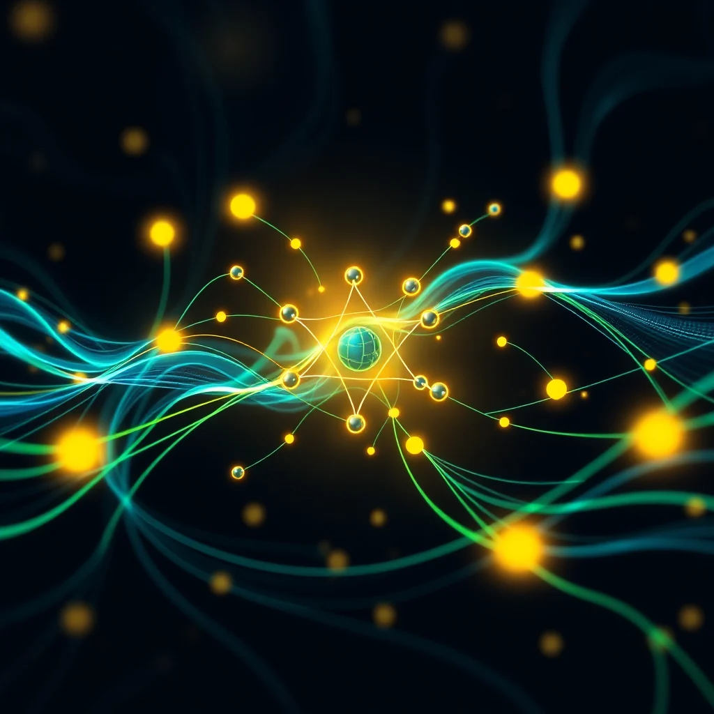 Ein stilisiertes Atommodell aus gelben Kugeln und leuchtend blauen und grünen Linien auf schwarzem Hintergrund, mit einer stilisierten Weltkugel in der Mitte.