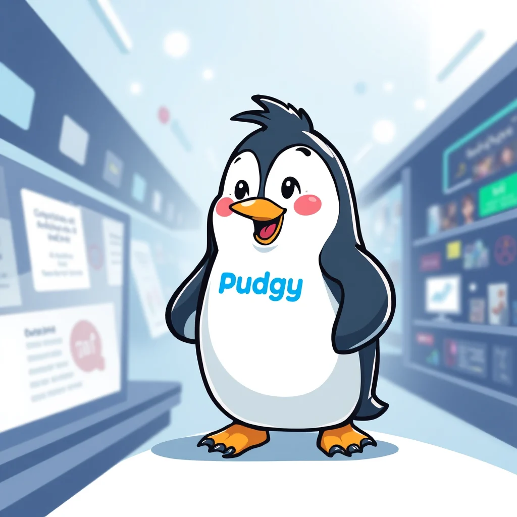 Ein niedlicher Cartoon-Pinguin mit dem Namen "Pudgy" steht aufrecht und lächelt in Richtung des Betrachters. Der Pinguin ist schwarz und weiß mit orangefarbenen Füßen und Schnabel. Er hat rosafarbene Wangen und rote Kreise auf den Wangen. Auf seiner weißen Brust steht das Wort "Pudgy" in blauer Schrift. Der Hintergrund ist unscharf und zeigt eine helle, moderne Umgebung mit Regalen voller Produkte.