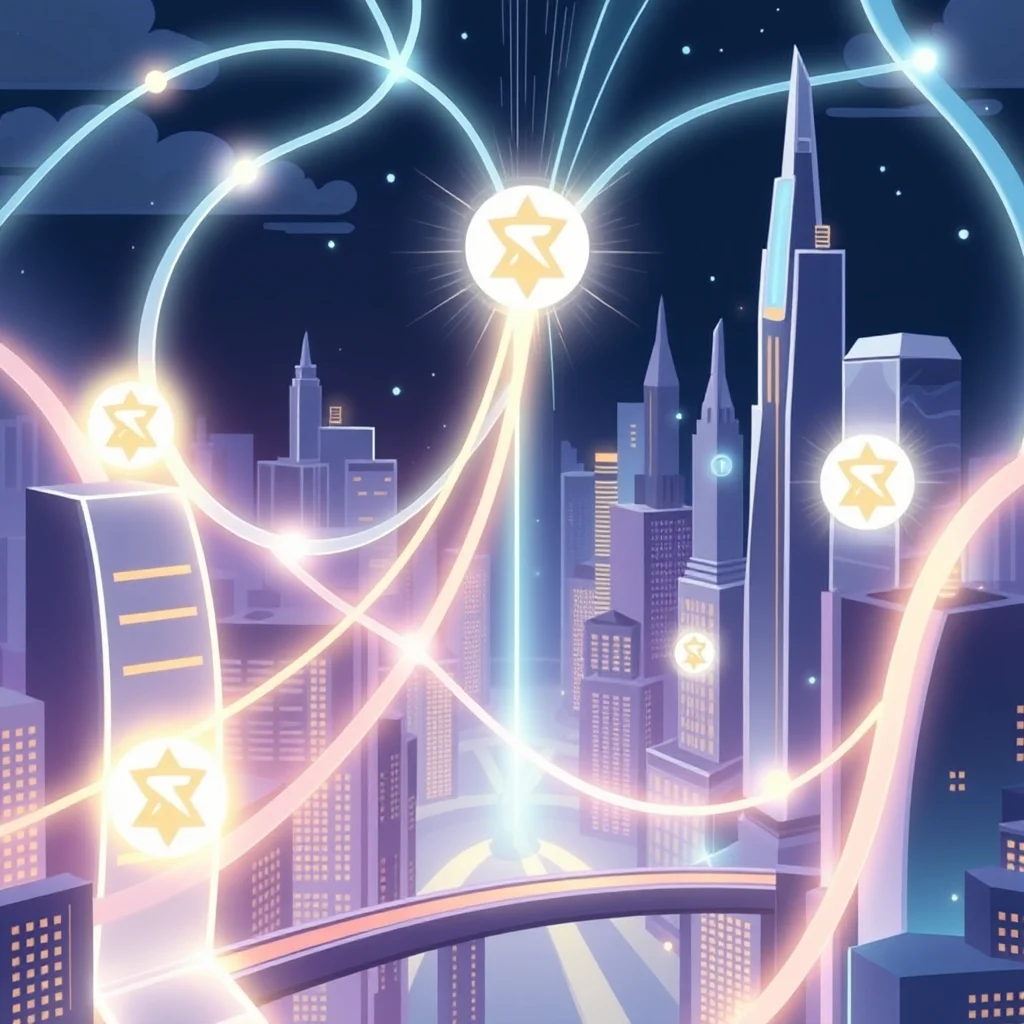 Eine stilisierte Darstellung einer futuristischen Stadt bei Nacht, mit hell beleuchteten Gebäuden und leuchtenden Linien, die sich durch den Nachthimmel ziehen.