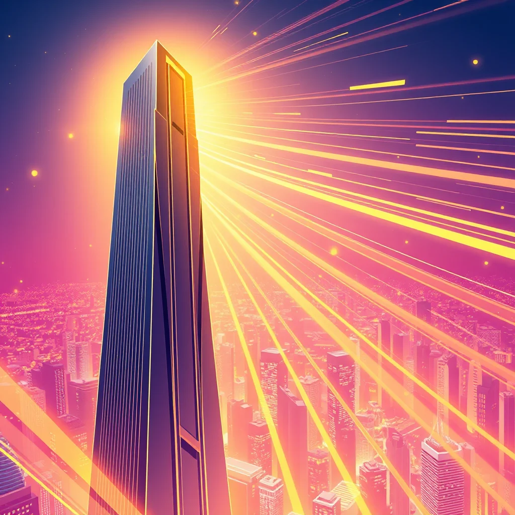 Eine futuristische, spitz zulaufende Wolkenkratzer steht im Vordergrund eines farbenprächtigen Sonnenuntergangs mit einem Himmel aus Lila und Orange, durchzogen von leuchtenden gelben Strahlen, die vom Gipfel des Gebäudes ausgehen.