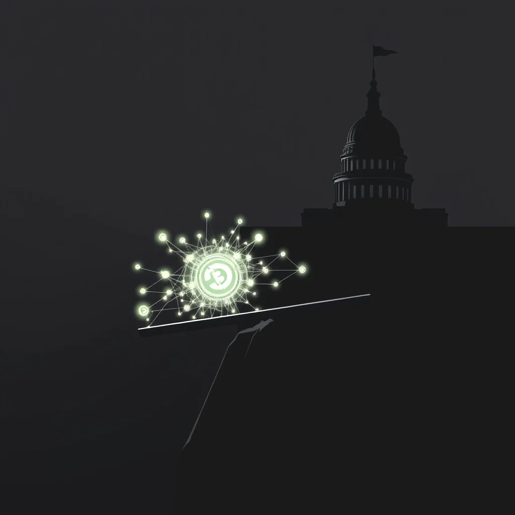 Silhouette des Kapitols mit einem leuchtenden Bitcoin-Symbol und einem Netzwerk von leuchtenden Linien und Punkten, die sich von der Mitte des Bildes ausbreiten.