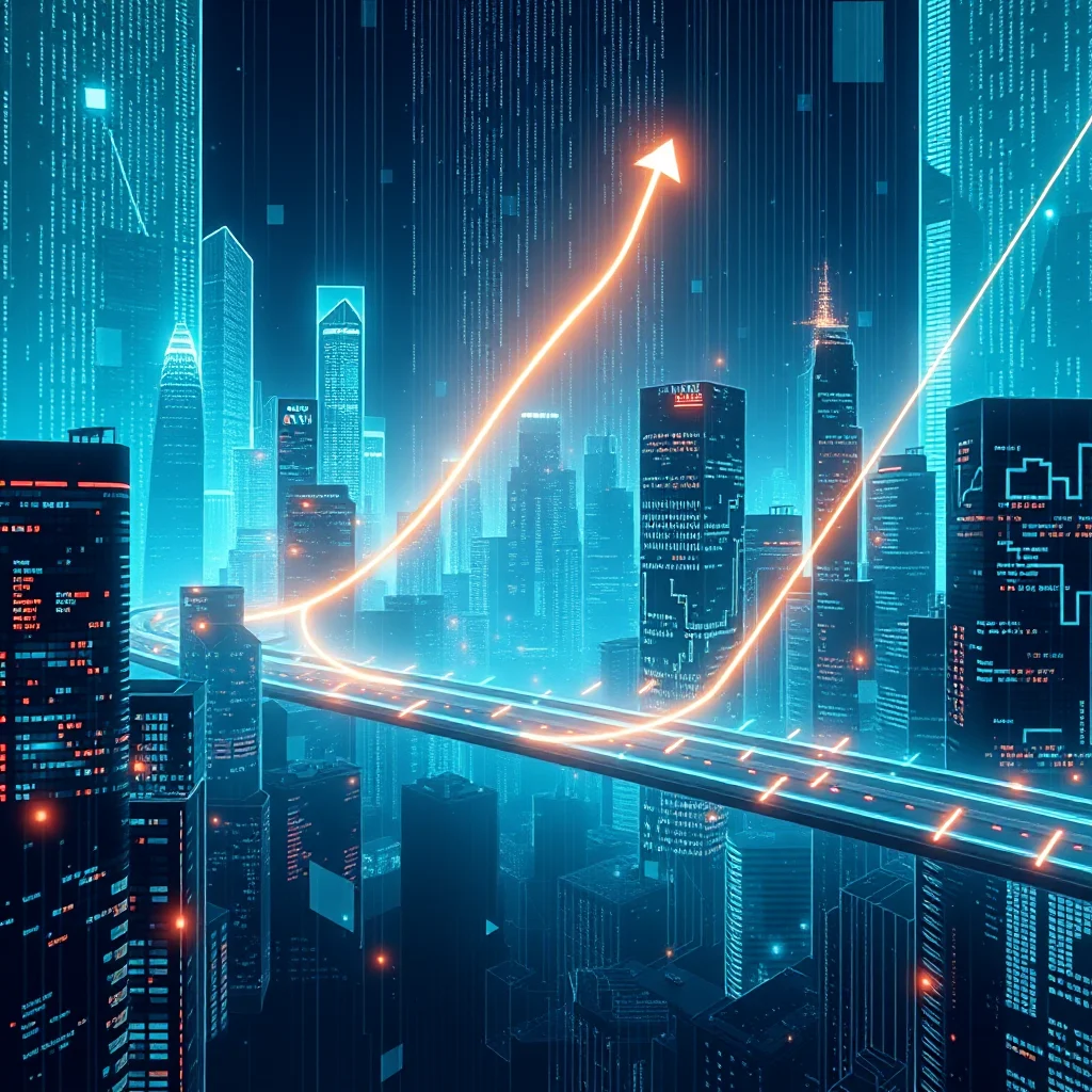 Ein futuristischer Blick auf eine glühende Stadt bei Nacht mit Neonlichtern, die eine stark beleuchtete Autobahn und aufsteigende Pfeile überragt, die Wohlstand symbolisieren.