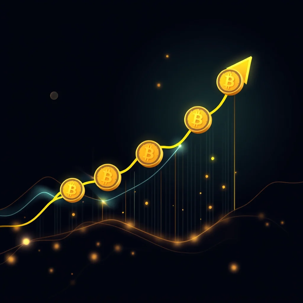 Grafik ze złotą linią wzrostu, na której znajdują się ikony Bitcoin, wskazująca na wzrost wartości.