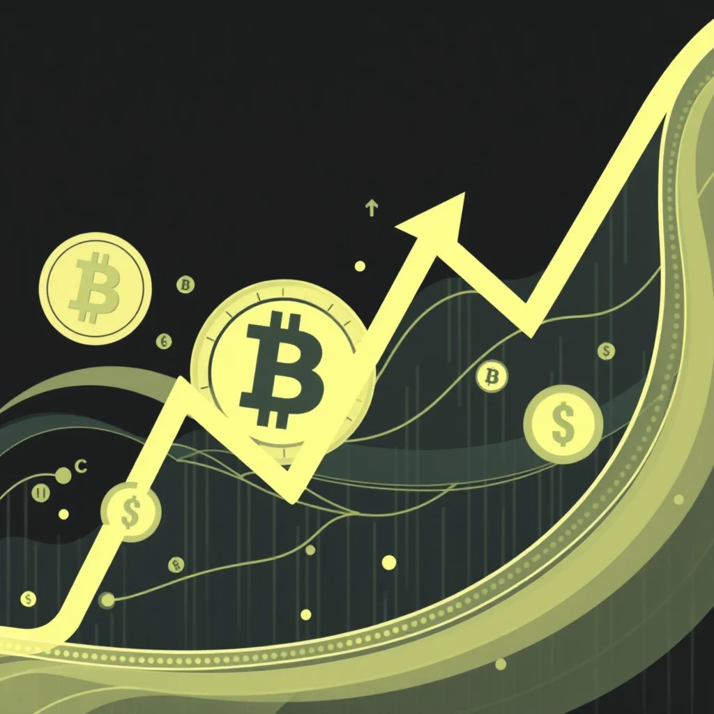 Ein aufsteigender Pfeil, der eine positive Entwicklung zeigt, durchschneidet eine Gruppe von Bitcoin- und Dollar-Symbolen auf einem dunklen Hintergrund.