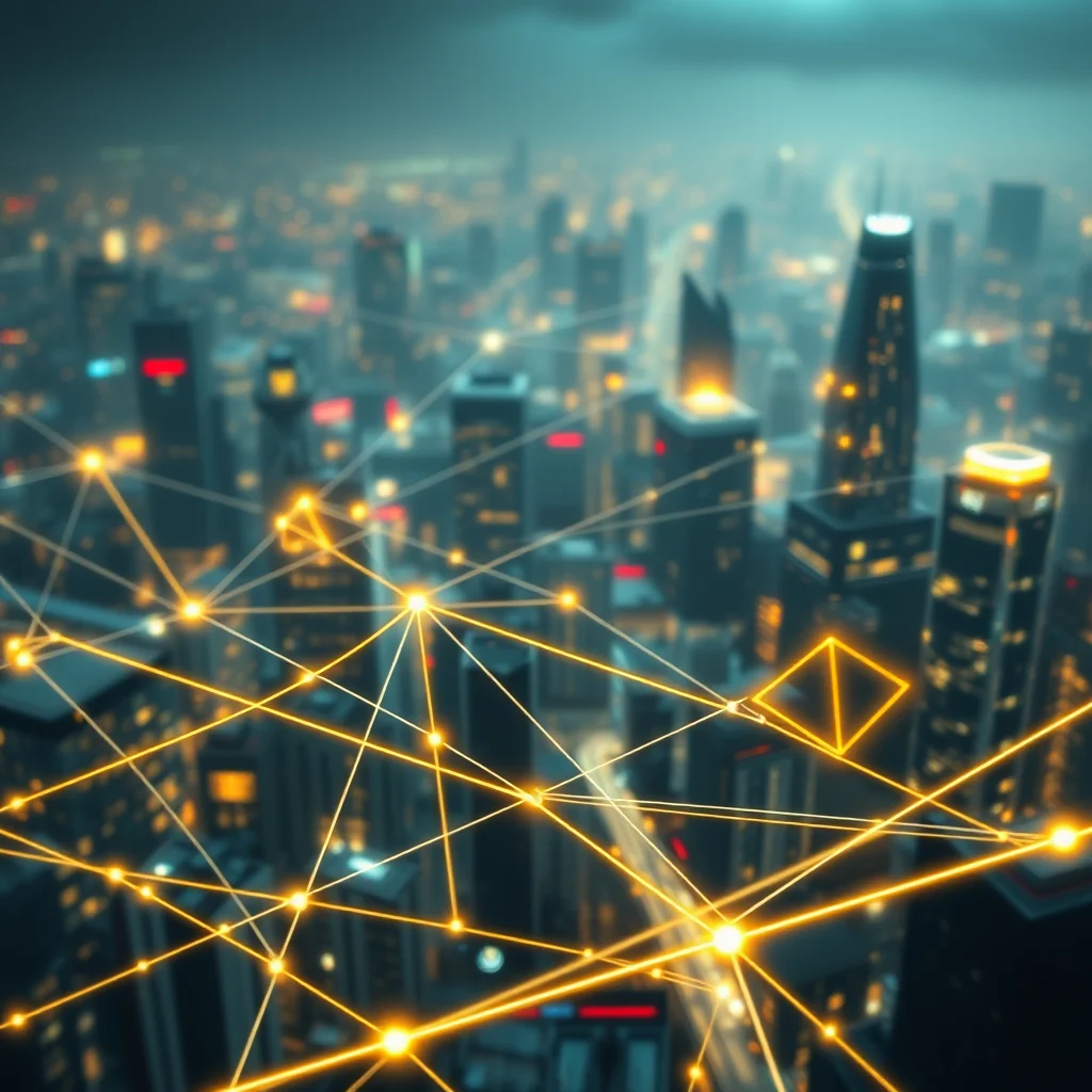 Eine Luftaufnahme einer Stadt bei Nacht, mit einem Netzwerk von leuchtend gelben Linien, die über die beleuchteten Gebäude verlaufen.
