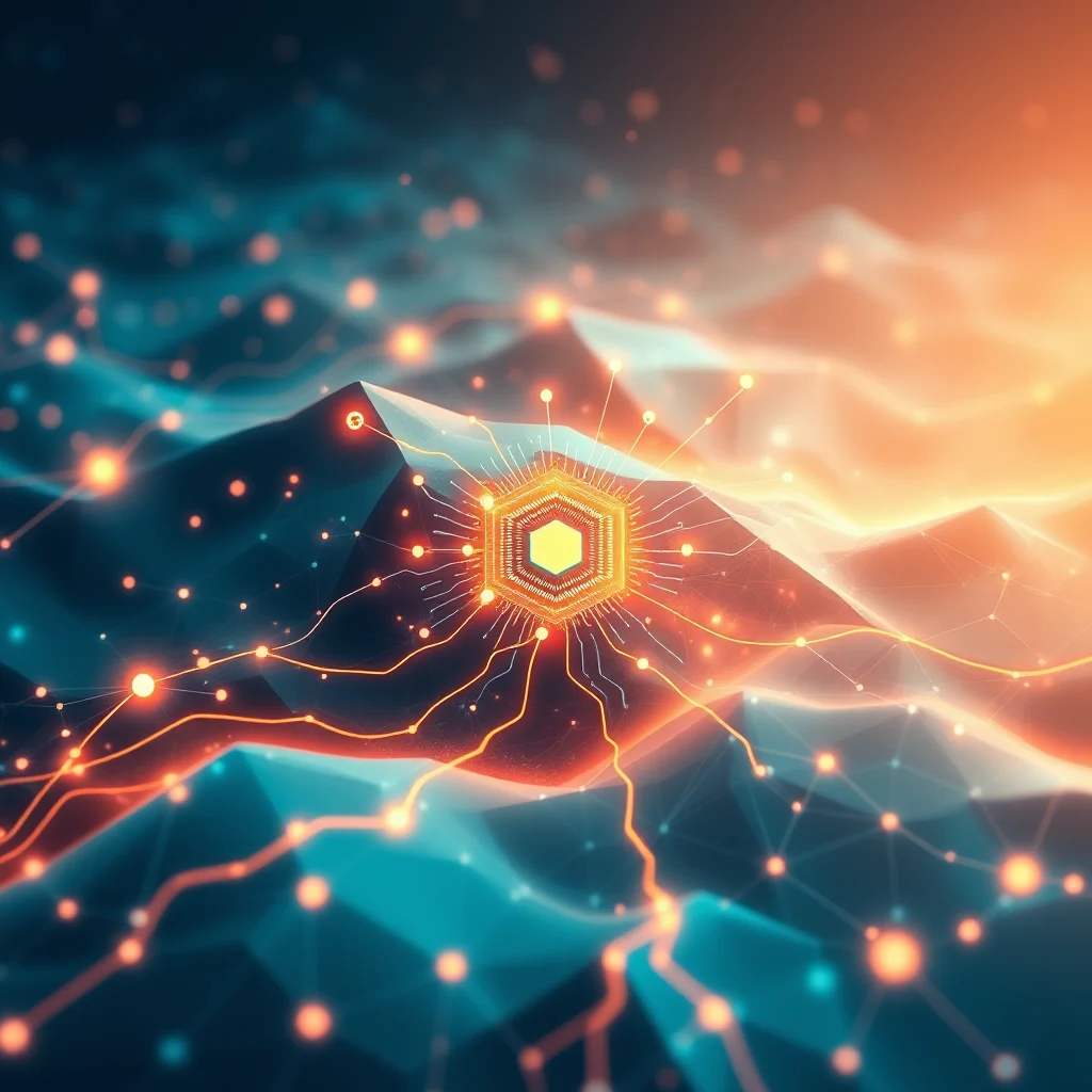 Ein leuchtender Hexagon-Chip mit Verbindungen, die sich über eine verschwommene, bergähnliche Landschaft mit orangefarbenen und türkisfarbenen Lichtern erstrecken.