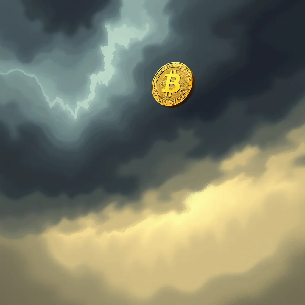Ein Bitcoin-Symbol schwebt in einer stürmischen Wolkenlandschaft mit Blitzen und goldenem Licht.