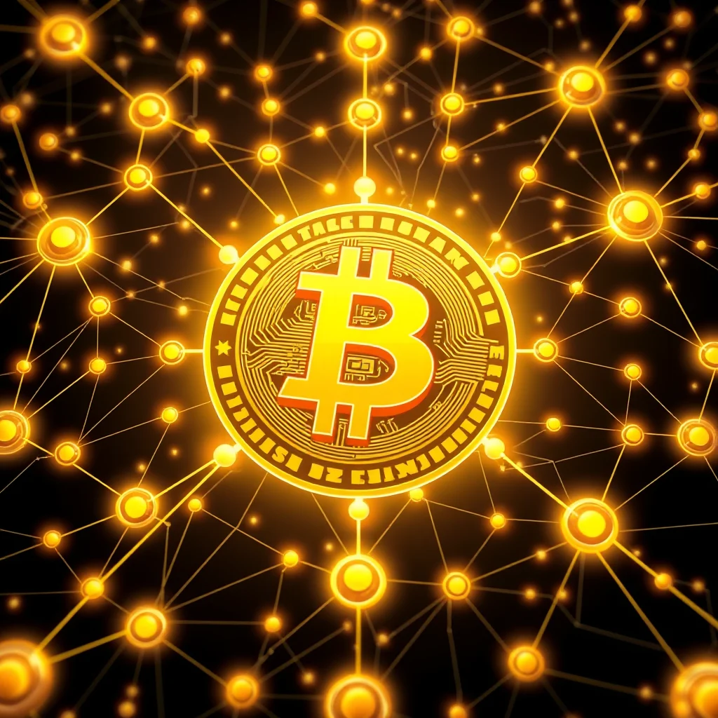 Eine abstrakte Darstellung von Bitcoin, umgeben von einem Netzwerk aus leuchtenden goldenen Verbindungen und Knoten.