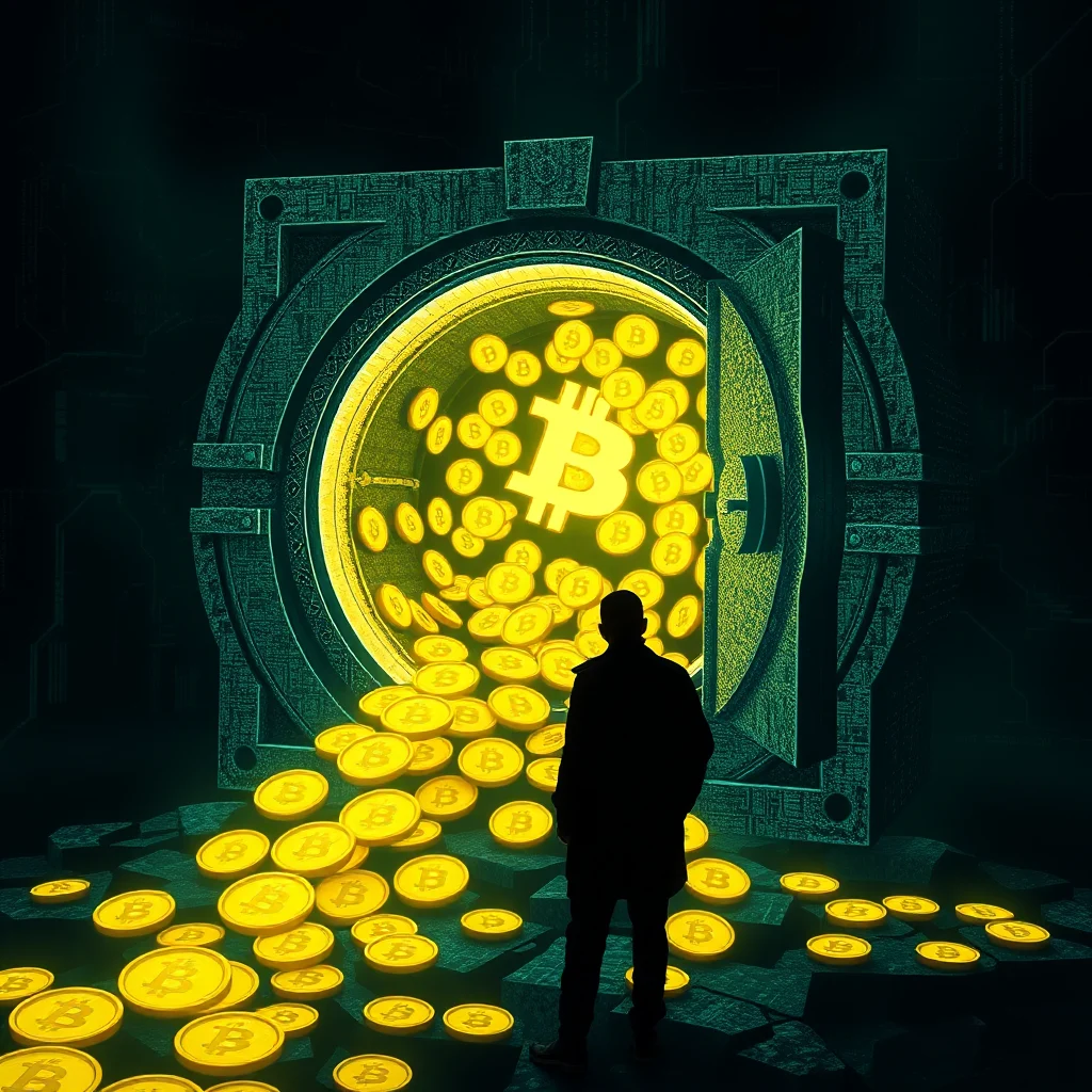 Ein Mann steht vor einem riesigen, geöffneten Tresor, aus dem unzählige goldene Bitcoin-Münzen strömen und sich auf dem Boden verteilen.