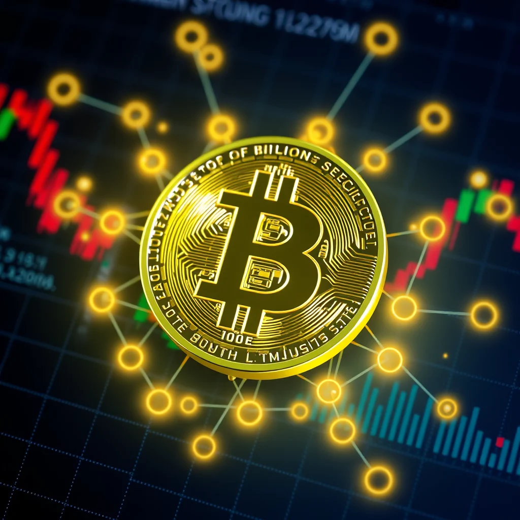 Goldener Bitcoin-Token, verbunden mit einem Netzwerk von leuchtenden Kreisen, auf einem Hintergrund mit einem fallenden Kerzenchart.