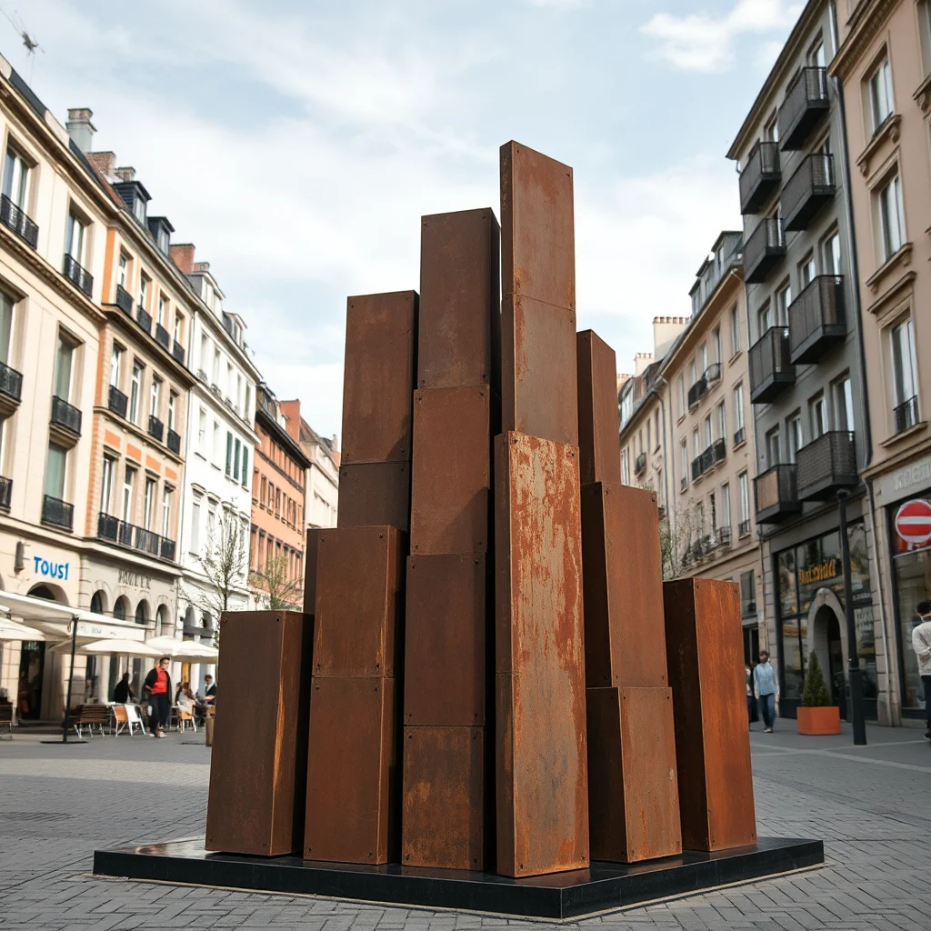Eine massive, rostbraune Skulptur aus Metallplatten steht auf einem schwarzen Sockel auf einem gepflasterten Platz. Hinter der Skulptur erheben sich auf beiden Seiten des Platzes historische Gebäude mit mehrstöckigen Fassaden und Balkonen. Der Himmel ist bewölkt, aber hell.