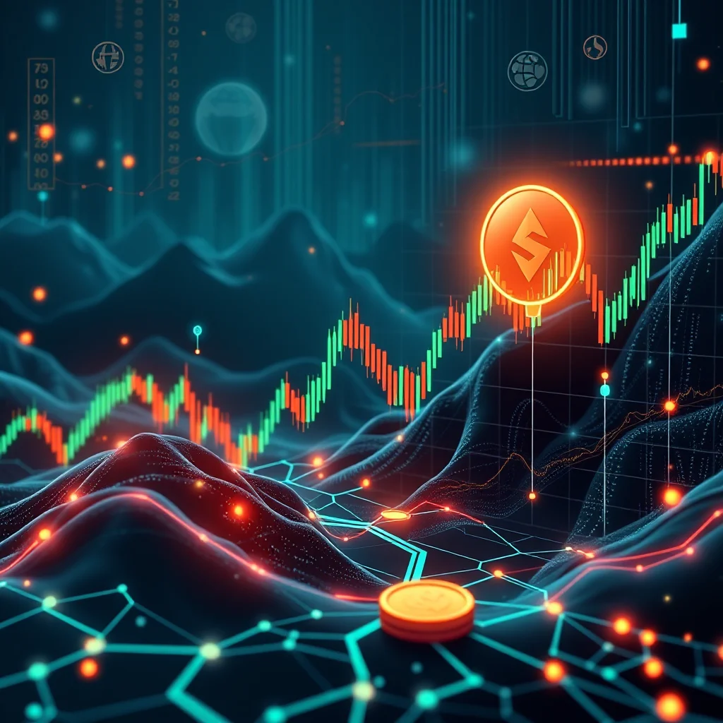 Ein abstraktes Bild, das eine digitale Landschaft mit einem steigenden Liniendiagramm und einem Symbol für Kryptowährung in der Mitte darstellt.