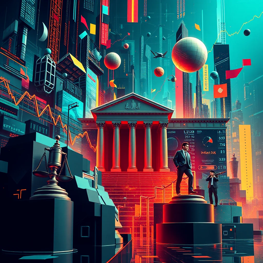 Ein Mann im Anzug steht auf einer Treppe vor einem Gebäude im klassischen Stil. Im Hintergrund ist eine futuristische Stadt mit Wolkenkratzern, Diagrammen und schwebenden Kugeln zu sehen.