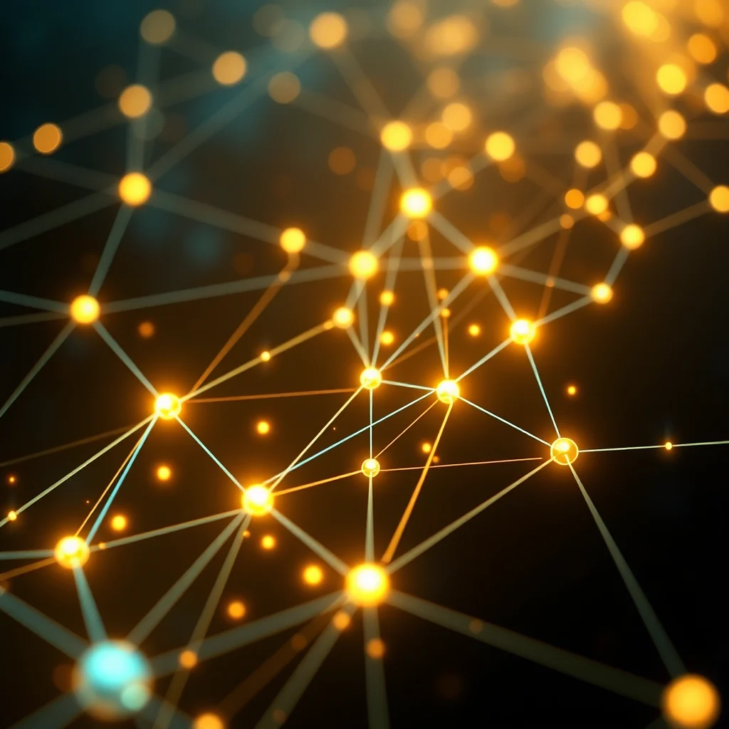 Ein leuchtendes Netzwerk aus goldenen und blauen Kugeln, die durch dünne Linien verbunden sind, vor einem dunklen Hintergrund.