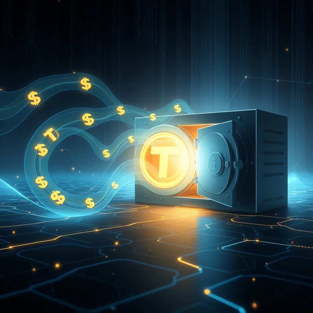 Eine digitale Darstellung eines offenen Safes mit einem leuchtenden Tether-Coin im Inneren, umgeben von leuchtenden Wellen mit Dollar-Symbolen, auf einem Hintergrund aus stromlinienförmigen Linien und digitalem Code.