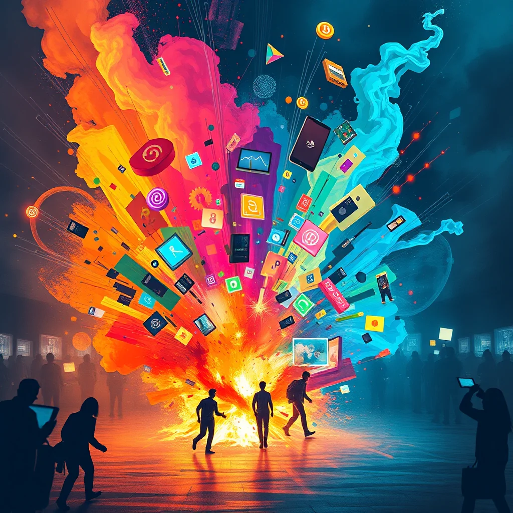 Eine Explosion von farbenfrohen Symbolen und digitalen Inhalten vor einem dunklen Hintergrund, mit Silhouetten von Menschen, die das Spektakel beobachten.