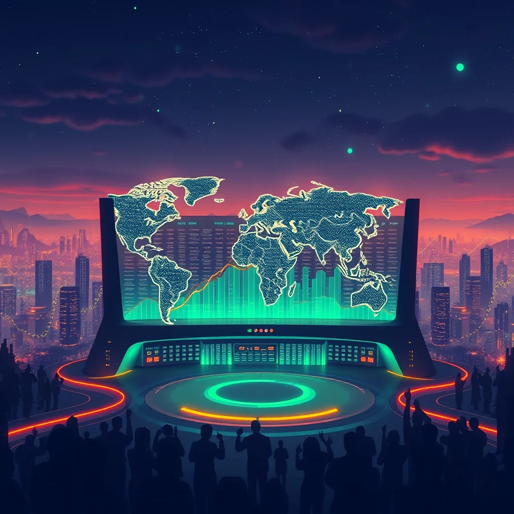 Eine Gruppe von Menschen steht vor einem riesigen Bildschirm, auf dem eine Weltkarte mit Daten und Diagrammen angezeigt wird, während im Hintergrund eine futuristische Stadt im Abendrot zu sehen ist.