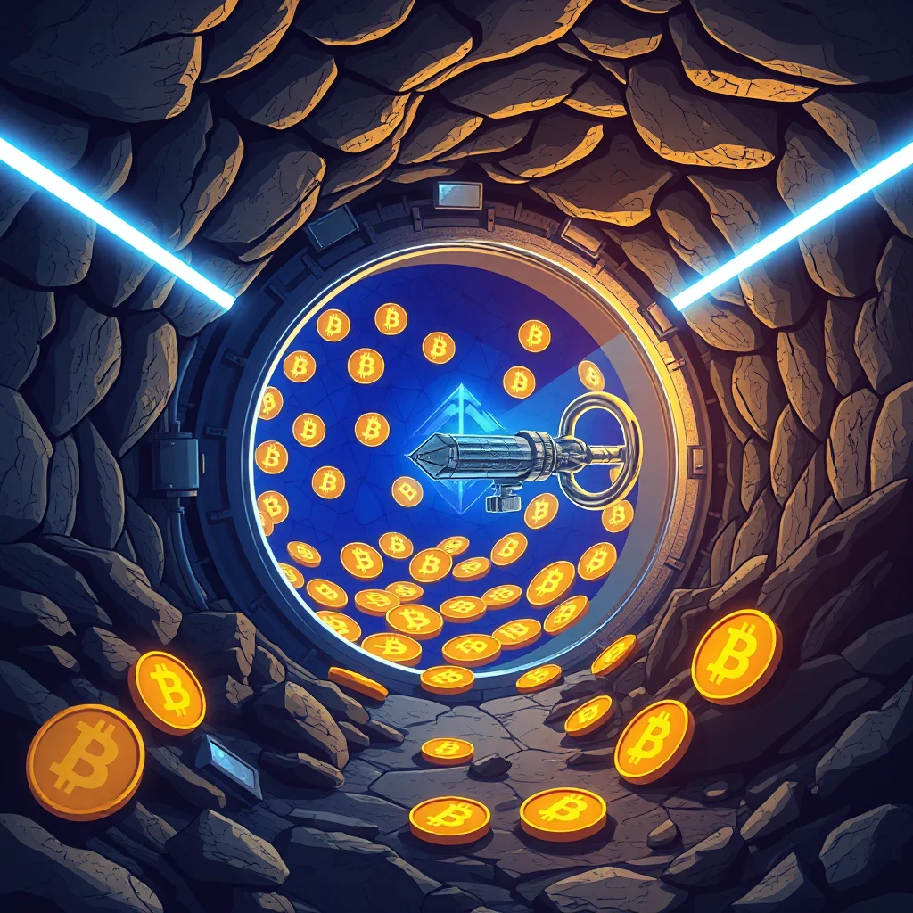 Ein Portal mit Bitcoin-Symbolen und einem Schlüssel im Inneren, umgeben von Felsen und Leuchtstäben.