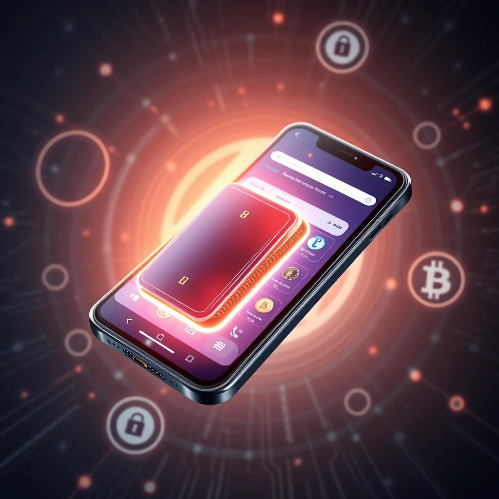 Ein Smartphone, das eine digitale Geldbörse anzeigt, ist in der Luft über einem leuchtenden, sich kreisenden Netzwerk von Linien und Lichtern zu schweben, mit Bitcoin-Symbolen und stilisierten Vorhängeschlössern im Hintergrund.