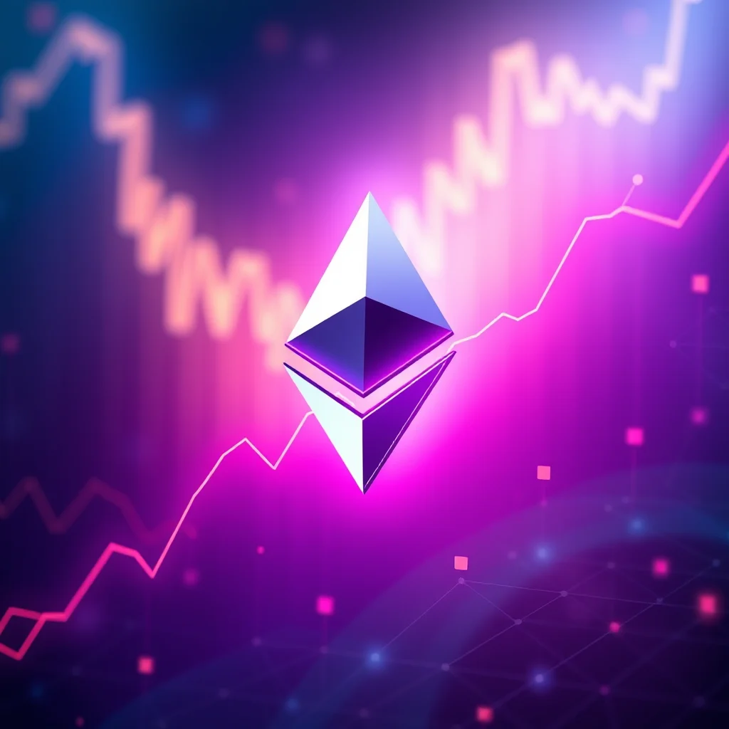 Ein Ethereum-Logo mit einem steigenden Liniendiagramm im Hintergrund.