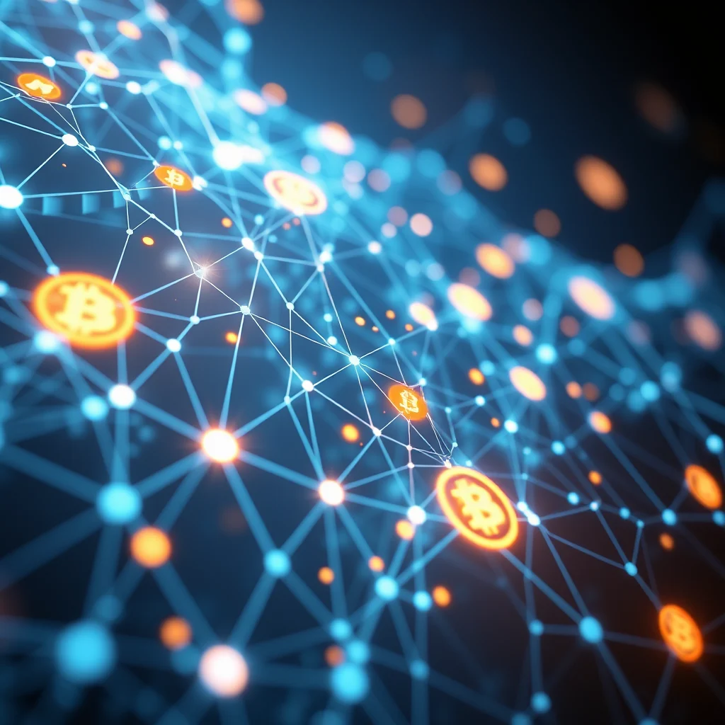Ein abstraktes Netzwerk aus leuchtenden blauen und orangenen Punkten, die durch Linien verbunden sind. Einige der orangefarbenen Punkte sind mit dem Bitcoin-Symbol verziert.