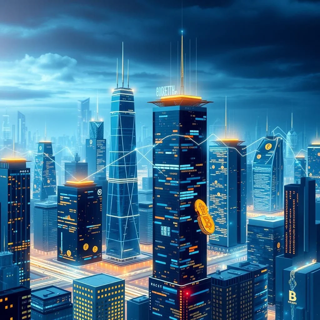 Ein futuristisches Stadtbild bei Nacht, dominiert von hoch aufragenden Wolkenkratzern, die mit leuchtenden elektronischen Gittern und Datenströmen verbunden sind, während Bitcoin-Symbole in der Luft schweben.