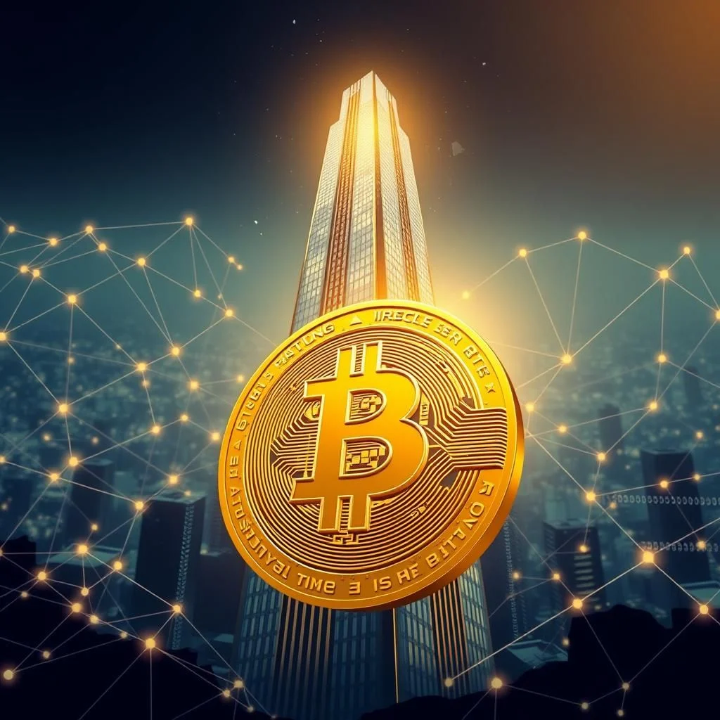 Ein goldener Bitcoin liegt vor einem hell erleuchteten Wolkenkratzer, während ein Netzwerk aus Lichtern und Verbindungen den Hintergrund ausfüllt und die globale Vernetzung der Kryptowährung symbolisiert.